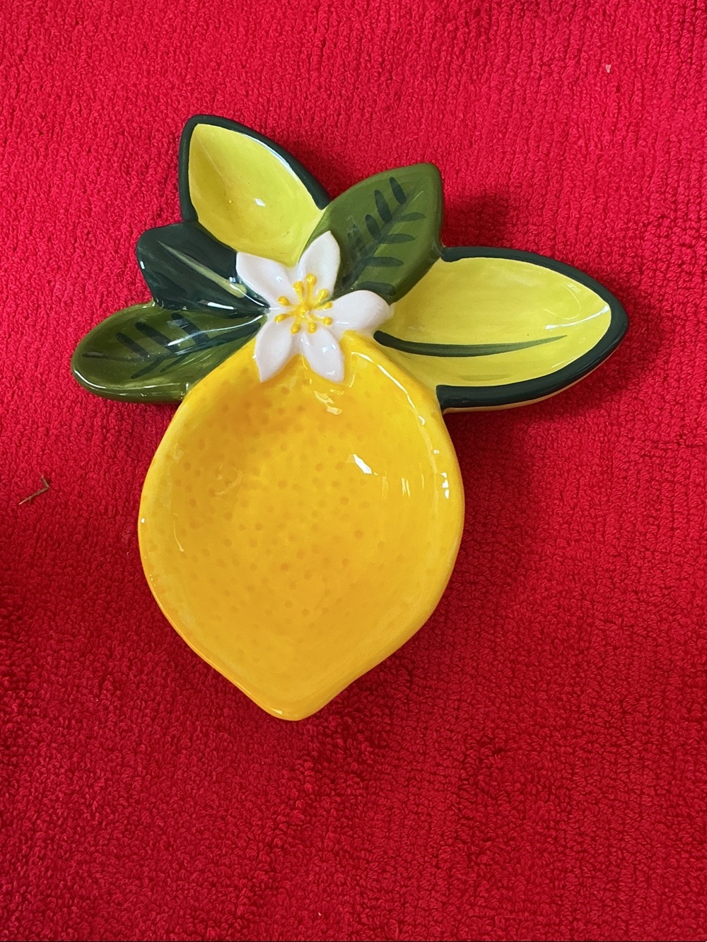 Coton Colors Lemon-Shaped Ceramic Dish in Yellow & Green with White Blossom